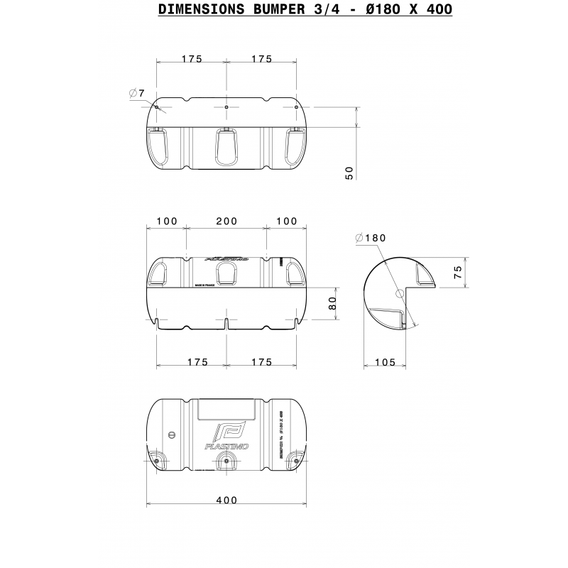 Profili per Pontili, Banchine, Pali BUMPER DRITTO BIANCO Ø CM. 25 X 90 Plastimo (acq.min. unità) - immagine 2