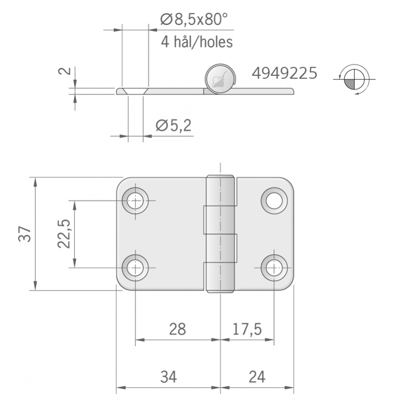 Cerniere Inox Spessore mm.2 CERNIERA INOX MM.58X37 Roca (acq.min. unità) - immagine 2