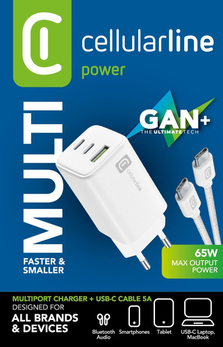 Caricabatterie Cellular Line ACHKITC2CGAN65TABW MULTIPOWER 65W GaN Whi Caricabatterie USB (ord.min.1.00unità)