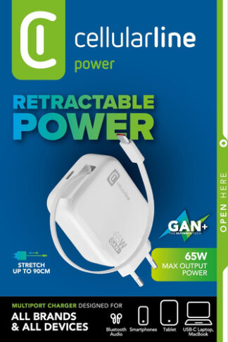 Caricabatterie USB Caricabatterie Cellular Line ACHROLLUSBCGAN65WW RETRACTABLE 65W GaN Wh (ord.min.1.00 unità)