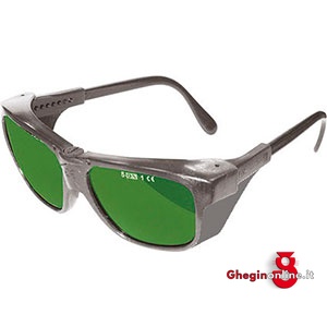 OCCHIALI DI PROTEZIONE CON STANGHETTE STANDARD E LENTI SAGOMATE; CON LENTI VERDI DIN 5 IN VETRO 3396B OCCHIALI DI PROTEZIONE protection glasses Prod. SCU