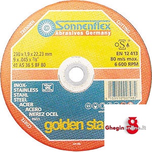 MOLE SOTTILI PER TAGLIARE INOX IN ELETTROCORINDONE BONIFICATO DI TIPO DURO CENTRO PIANO SOTTILE 7109G MOLE DA TAGLIO INOX cutting-off wheels for steel and inox Orig. Sonnenflex