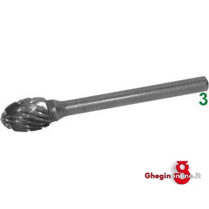 FRESE ROTATIVE IN METALLO DURO TIPO OVALE. ATTACCO Ø MM 3 TAGLIO 5 8034T 6 FRESE M.DURO taglio 5 burrs of tungsten carbide Prod. SCU