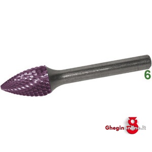 FRESE ROTATIVE IN METALLO DURO TIPO A FIAMMA ATTACCO Ø 6 TAGLIO 4 RIVESTIMENTO TIALN 8065H 16 FRESE M.DURO RIV.tg. 4 burrs of tungsten carbide Prod. SCU