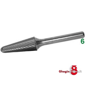 FRESE ROTATIVE IN METALLO DURO TIPO CONICO CON PUNTA SFERICA ATTACCO Ø MM 6 TAGLIO 3 8070E 16 FRESE M.DURO taglio 3 burrs of tungsten carbide Prod. SCU