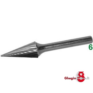 FRESE ROTATIVE IN METALLO DURO TIPO CONICO ATTACCO Ø MM 6 TAGLIO 3 8075E 16 FRESE M.DURO taglio 3 burrs of tungsten carbide Prod. SCU