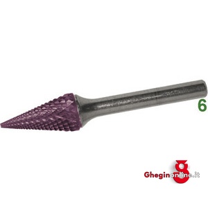 FRESE ROTATIVE IN METALLO DURO TIPO CONICO ATTACCO Ø 6 TAGLIO 4 RIVESTIMENTO TIALN 8075H 16 FRESE M.DURO RIV.tg. 4 burrs of tungsten carbide Prod. SCU