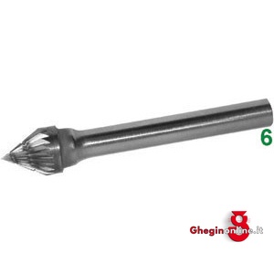 FRESE ROTATIVE IN METALLO DURO TIPO CONICO CON PUNTA A 60° ATTACCO Ø 6 TAGLIO 5 8085L 16 FRESE M.DURO taglio 5 burrs of tungsten carbide Prod. SCU