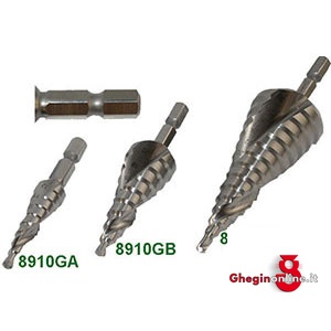 FRESE ELICOIDALI A GRADINO PER LAMIERE CON ATTACCO ESAGONALE 1/4 - E 6,3 8910GA FRESE ELICOIDALI countersinks with exagonal shank 1/4 Prod. SCU