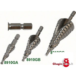 FRESE ELICOIDALI A GRADINO PER LAMIERE CON ATTACCO ESAGONALE 1/4 - E 6,3 8910GC FRESE ELICOIDALI countersinks with exagonal shank 1/4 Prod. SCU