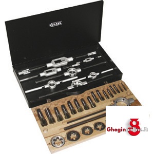 UTENSILI PER FILETTARE IN ASSORTIMENTO IN CASSETTA FILETTATURA GAS CILINDRICA 9400GE ASSORT. x FILETTARE complete taps and dies sets Orig. Völkel