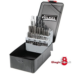 ASSORTIMENTI IN CASSETTA METALLICA PER FILETTARE DA M3 A M12-CON PUNTE PER PREFORO 9408GE ASSORT. x FILETTARE complete taps and dies sets Orig. Völkel
