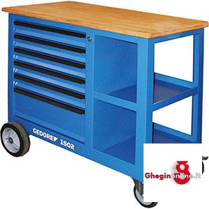 CARRELLI A BANCO A 6 CASSETTI E 2 VANI APERTI,4 RUOTE (2 PIROETTANTI) CON FRENO 999GF BANCHI A CARRELLO mobile work benches and tool trolleys Orig. Gedore