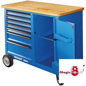 CARRELLI A BANCO GRANDI: 7 CASSETTI; VANO LATERALE A SPORTELLO; 4 RUOTE GOMM.(2 PIROETT.) CON FRENO 999GL BANCHI A CARRELLO mobile work benches and tool trolleys Orig. Gedore
