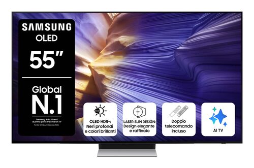 Samsung OLED AI TV 55" QE55S90FAEXZT 4K, Processore NQ4 AI Gen3, 4K AI Upscaling Pro, Schermo antiriflesso, OLED HDR, Dolby Atmos & OTS Lite, Laser Slim Design, Vision AI Smart TV, 2025 OLED 55" 4K SMART
