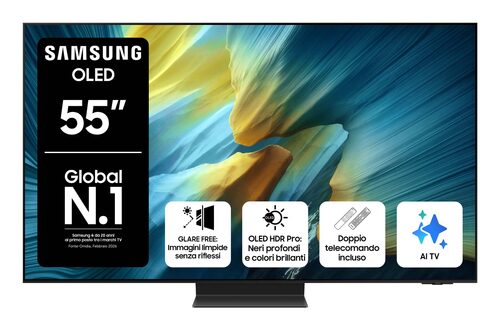 Samsung OLED AI TV 55" QE55S95FATXZT 4K, Processore NQ4 AI Gen3, 4K AI Upscaling Pro, Glare Free, OLED HDR Pro, Dolby Atmos & OTS+, Infinity One Design, Vision AI Smart TV, 2025 OLED 55" 4K SMART