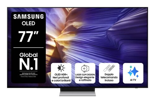 Samsung OLED AI TV 77" QE77S90FAEXZT 4K, Processore NQ4 AI Gen3, 4K AI Upscaling Pro, Schermo antiriflesso, OLED HDR, Dolby Atmos & OTS Lite, Laser Slim Design, Vision AI Smart TV, 2025 OLED 70" 4K SMART