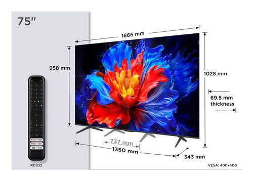 TCL P89K Serie Smart TV QLED 4K 75" 75P89K, 144Hz, audio Onkyo 2.1, Dolby Vision & Atmos, Google TV 70"4K SMART