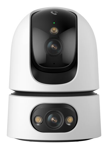 Imou Ranger Dual Pro 6MP Telecamera da interno, motorizzata, con doppia ottica 3MP+3MP, sirena integrata e faretto, tasto di chiamata, rilevamento suoni anomali/umano/animale, smart tracking, funzione privacy, visione notturna, comunicazione bidirezionale, Wi-fi 2.4Ghz, Dual Band, registrazione su Micro SD (fino a 512GB) - NVR o Cloud. Certificazione GDPR. Smart Home