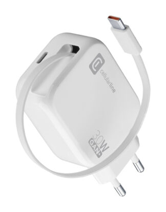 Caricabatterie USB Caricabatterie Cellular Line ACHROLLUSBCGAN30WW RETRACTABLE 30W GaN Wh (ord.min.1.00 unità)